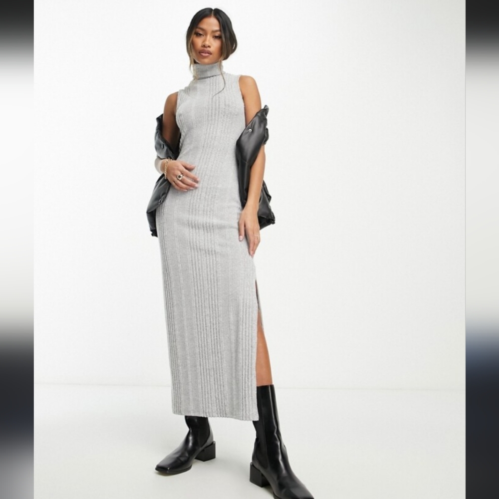 Zara tan beige turtleneck knit sleeveless midi dress side slit